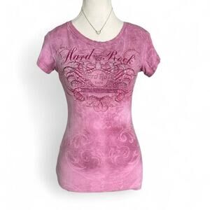 Hard Rock Cafe pink gothic grunge Y2K vintage 2000s Baby tee Size XS fitted full